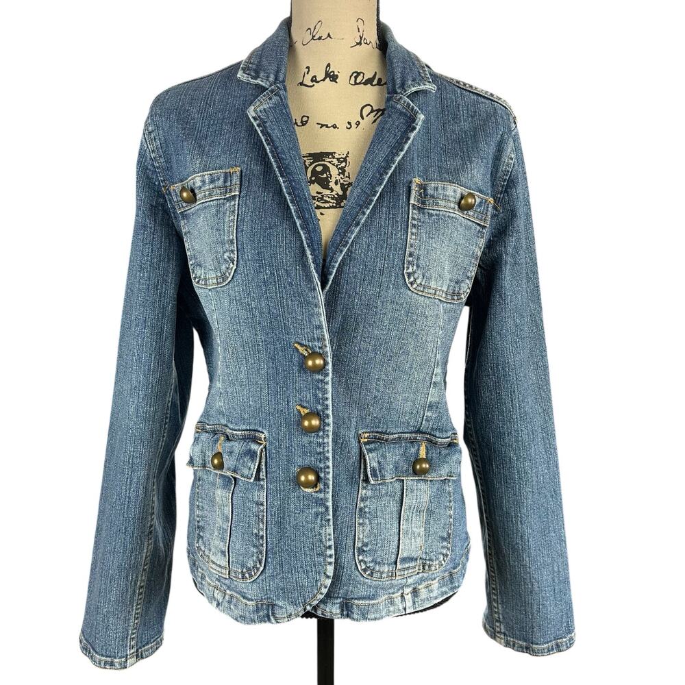 Faded Glory Embroidered Denim Jacket Women Size 14 Blue Y2k Boho Indie Blazer